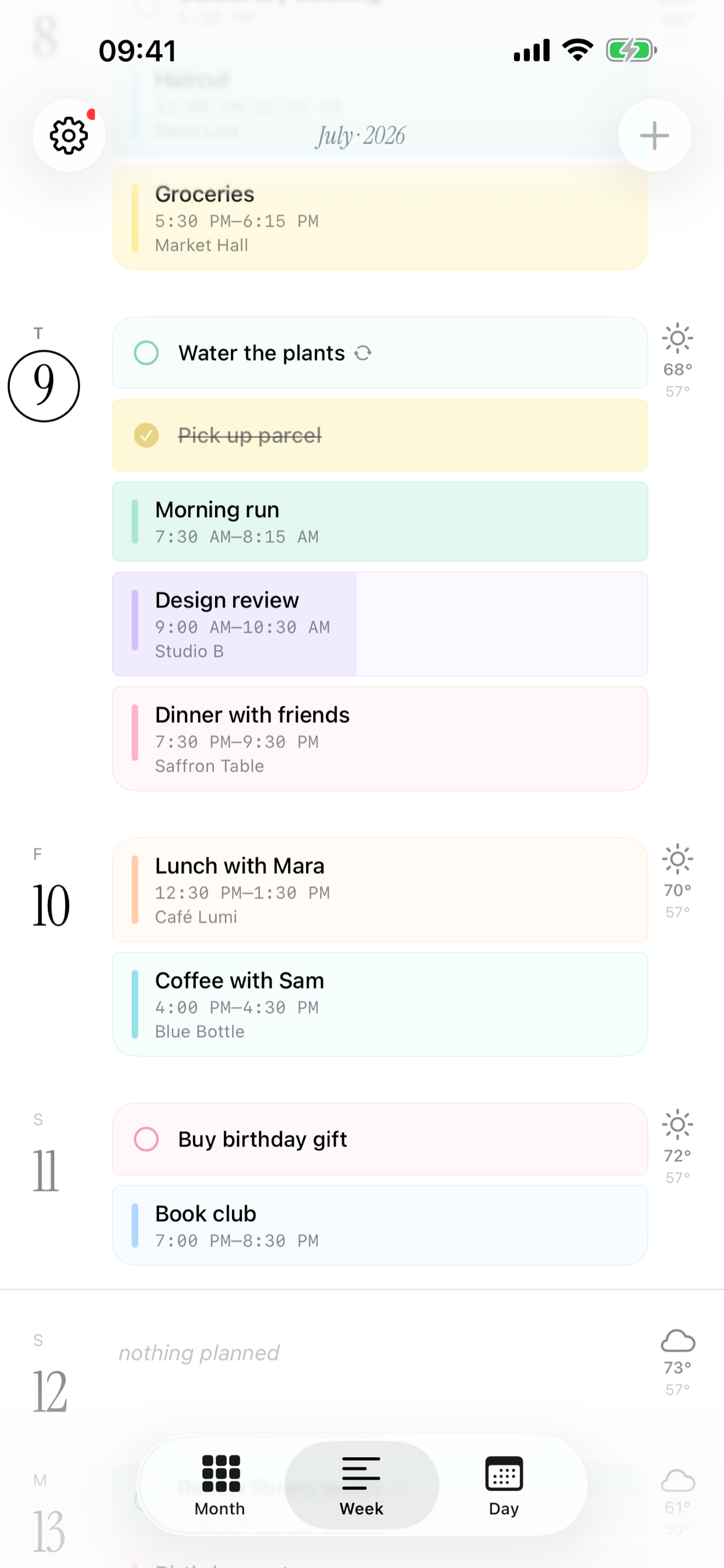Hibi's week view: events and to-dos on each day